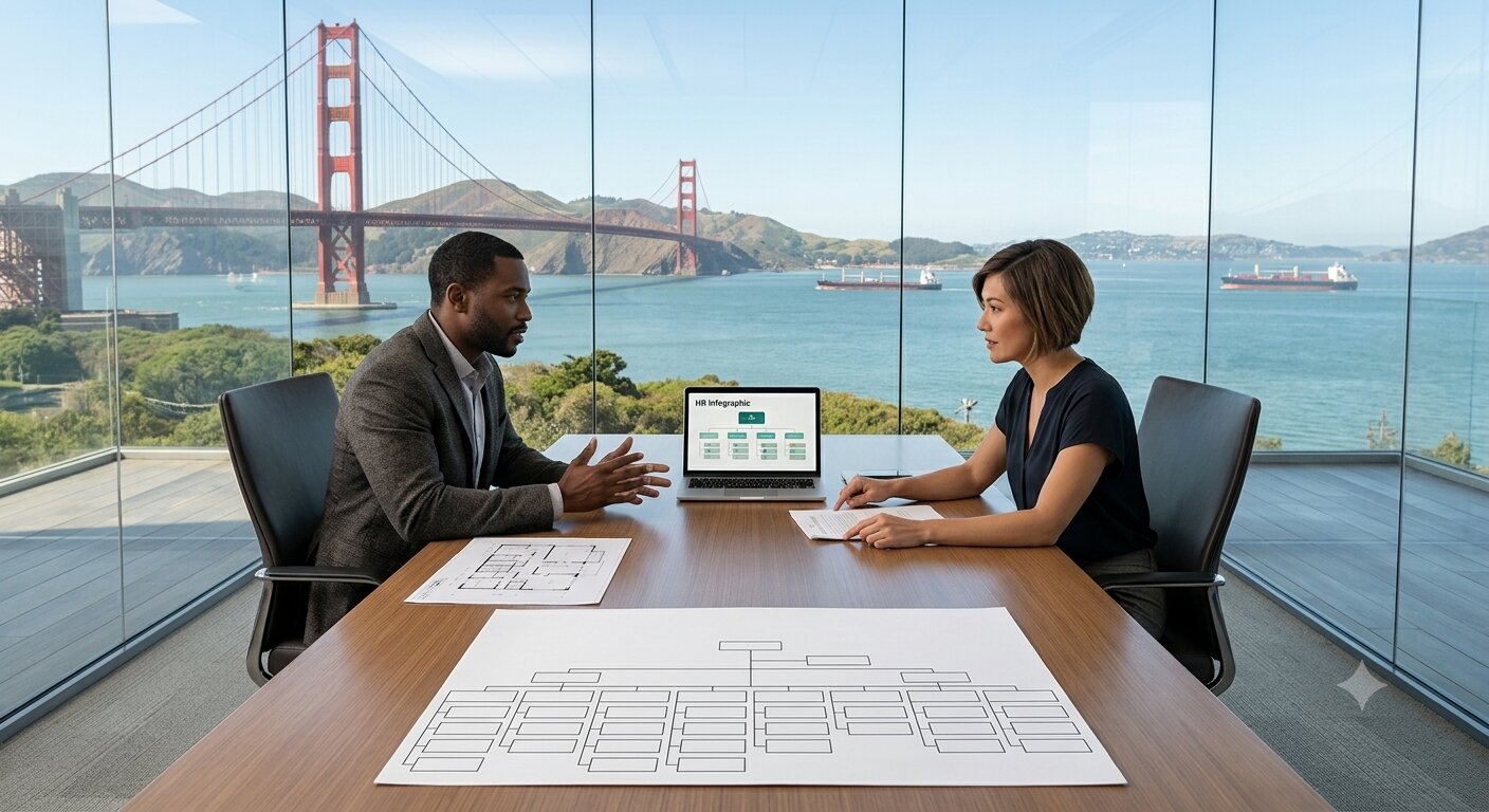 BridgePoint Solutions co-founders Tobias and Angelina collaborating in a San Francisco office overlooking the Golden Gate Bridge